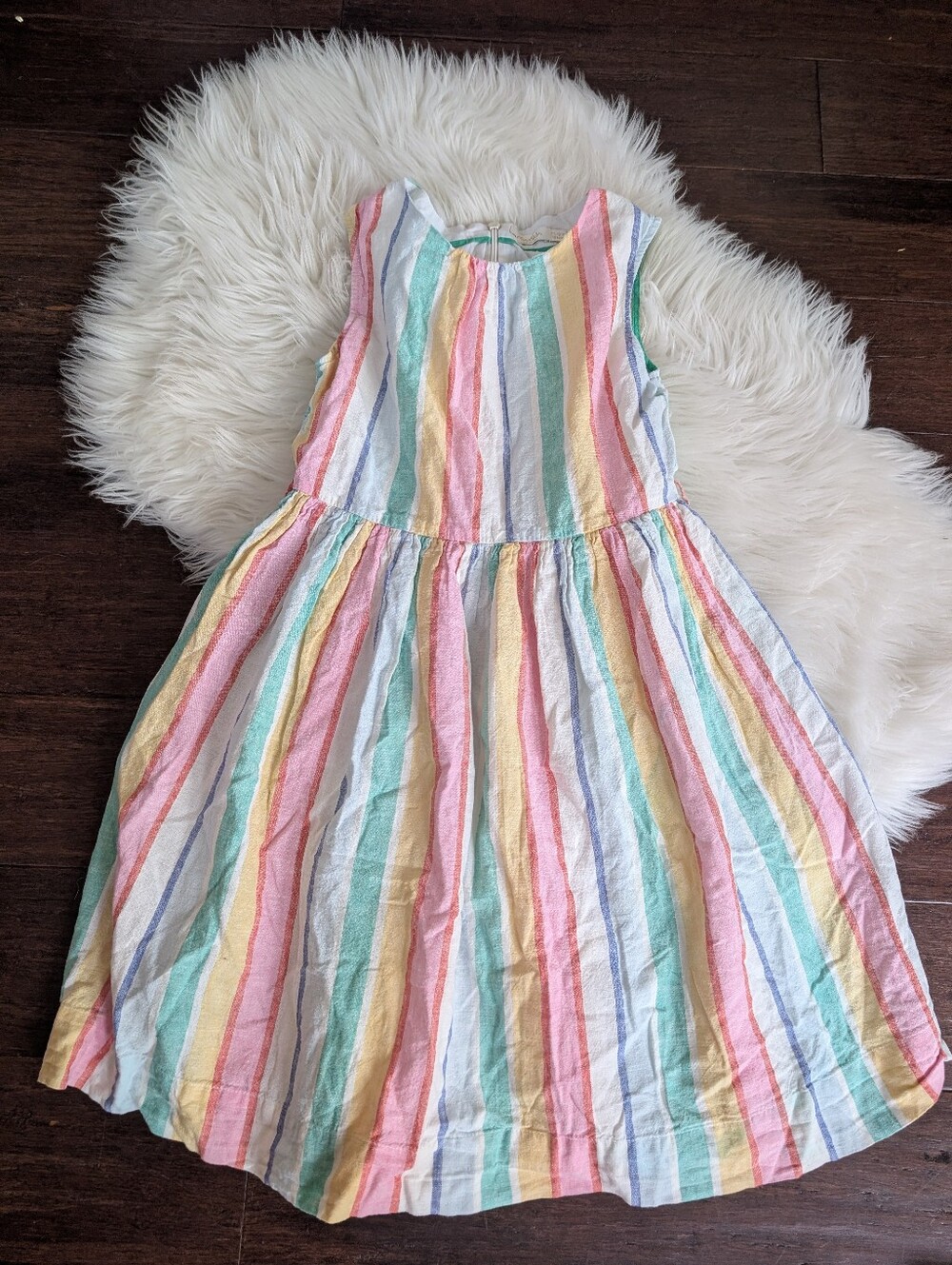 Mini Boden Multicolor Rainbow Striped Sleeveless Tank Dress Cotton Linen 11-12y